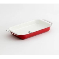 ราคา ถาดขนมเหลี่ยม มีหู เคลือบ Enamel 25x14x4 ซม.แดง