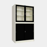 ราคา ตู้เก็บเอกสารบานเลื่อนผสม (บนกระจก-ล่างทึบ) ไอคอนิค MKAS-302 สีขาว-ดำ 3 ฟุต (YA07117)