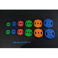 ราคา ขาย แผ่นน้ำหนักดัมเบลบาร์เบล Dumbbell Barbell Power MAXXFiT Iron Rubber Coloured Series แบบมีช่องมือจับ ขนาด 2 นิ้ว (50 MM.) SET 107.5 KG. (1.25+2.5+5+10+15+20) อย่างละ 2 แผ่น (2490)