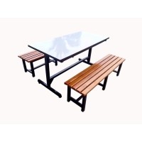 ราคา โต๊ะโรงอาหารขาตัว I หน้าโต๊ะโฟเมก้าขาว ม้านั่งไม้สักตีระแนง ยาว 1.20เมตร kkw23-10