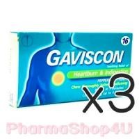 ราคา (ซื้อ3 ราคาพิเศษ) Gaviscon กาวิสคอน กล่อง 16 เม็ด ลดอาการแสบกลางอก เนื่องจาก กรดไหลย้อน (9050)
