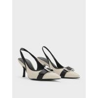 ราคา Charles & Keith รองเท้าส้นสูงแบบรัดส้นผ้าลินินดีไซน์หัวรองเท้าแบบแหลมตกแต่งด้วยหัวเข็มขัด - สีชอล์ค