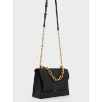 ราคา Charles & Keith กระเป๋าสะพายข้างแบบโซ่ดีไซน์ที่ปิดด้านหน้า - สีดำ