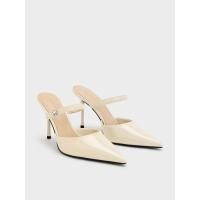 ราคา Charles & Keith รองเท้าส้นเข็มแบบเปิดส้นดีไซน์หนังแก้วตกแต่งอะไหล่คริสตัล - สีชอล์ค