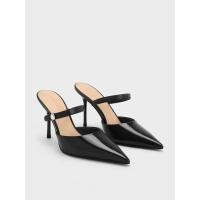 ราคา Charles & Keith รองเท้าส้นเข็มแบบเปิดส้นดีไซน์หนังแก้วตกแต่งอะไหล่คริสตัล - หนังแก้วสีดำ