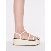 ราคา Charles & Keith รองเท้าแตะแฟลตฟอร์มส้นเตารีดดีไซน์สายคาดแบบเส้น - สีชอล์ค