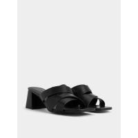 ราคา Charles & Keith รองเท้าเปิดส้นดีไซน์หัวรองเท้าแบบเหลี่ยมสายคาดแบบไขว้เสริมส้นบล็อค - สีดำ