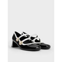 ราคา Charles & Keith รองเท้าแมรี่เจนแบบปิดส้นสีทูโทนตกแต่งหัวเข็มขัดประดับด้วยมุก - หนังเงาสีดำ