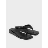 ราคา Charles & Keith รองเท้าแตะหนีบเสริมส้นเตารีดดีไซน์สายคาดตัววี - สีดำ