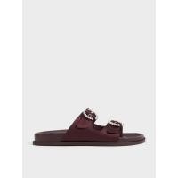 ราคา Charles & Keith รองเท้าแตะโพลีเอสเตอร์รีไซเคิลตกแต่งด้วยหัวเข็มขัดประดับเพชร - สีเบอร์กันดี