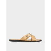 ราคา Charles & Keith รองเท้าแตะโพลีเอสเตอร์รีไซเคิลดีไซน์สายไขว้คู่ตกแต่งหัวเข็มขัดประดับคริสตัล - สีแชมเปญ