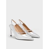 ราคา Charles & Keith รองเท้าส้นสูงผ้าซาติน และหนังแท้แบบรัดส้นดีไซน์หัวรองเท้าแบบแหลมประดับคริสตัล - สีเงิน