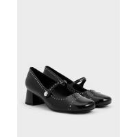 ราคา Charles & Keith รองเท้าแมรี่เจนดีไซน์สายคาดแบบไขว้ตกแต่งด้วยหมุด - หนังเงาสีดำ