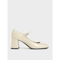 ราคา Charles & Keith รองเท้าแมรี่เจนหนังแก้วเสริมส้นบล็อค - สีชอล์ค