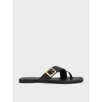ราคา Charles & Keith Quilted Buckle Thong Sandals - สีดำ