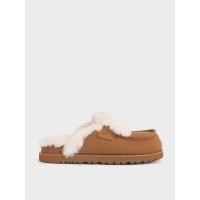 ราคา Charles & Keith รองเท้าแฟลตฟอร์มเปิดส้นแบบมีเท็กซ์เจอร์บุขนเฟอร์ - สีน้ำตาล