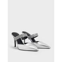 ราคา Charles & Keith รองเท้าส้นสูงแบบเปิดส้นหนังแก้วตกแต่งคริสตัล - สีเงิน