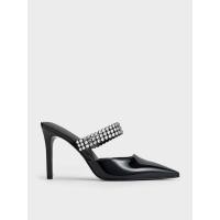 ราคา Charles & Keith รองเท้าส้นสูงแบบเปิดส้นหนังแก้วตกแต่งคริสตัล - หนังแก้วสีดำ