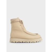 ราคา Charles & Keith รองเท้าบูทหุ้มข้อแบบมีเท็กซ์เจอร์บุขนเฟอร์ดีไซน์พื้นรองเท้ามีรอยหยัก - สีเบจ