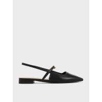 ราคา Charles & Keith รองเท้าส้นเตี้ยแบบรัดส้นดีไซน์หัวรองเท้าแบบแหลมตกแต่งอะไหล่เมทัลลิค - สีดำ