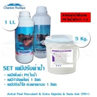ราคา Set เคมีดูแลสระสุดคุ้ม PH+ 5Kg / Extra Algicide 1lt / Flocculant 1lt