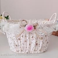 ราคา ตะกร้าใส่เครื่องสำอาง ตระกร้าใส่ของ ทรงรีสูง แบบ C3 หุ้มด้วยผ้าและแต่งขอบลูกไม้ สีเหลือง