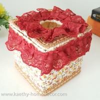 ราคา กล่องใส่ทิชชู ที่ใส่ทิชชู ทรงสี่เหลี่ยมจัสตุรัส แบบ-O ประดับดอกไม้และผ้าลูกไม้ สีแดง