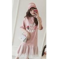 ราคา ชุดเดรสผ้ายืดคอกลมแขนคลุมศอกมีระบายชายกระโปรงต่อระบายผ้าชีฟรอง,สีชมพู,ไซร์ XL (7180929)