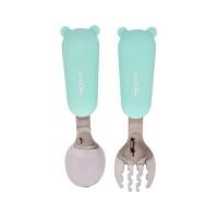 ราคา MEEM ช้อนส้อมสแตนเลสฝึกทานอาหาร ด้ามจับซิลิโคน รูปหมี ช้อนส้อมเด็ก รุ่น Little Bear เขียวมิ้นท์ Mint (12081826)