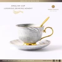 ราคา Dining Vaisselle - แก้ว English Marble Cup mug ลายหินอ่อน เนื้อFine-Bone สไตล์อังกฤษ พร้อมจานขอบทอง Gray (12297027)