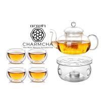 ราคา charmcha คัดทุกใบ!! กาน้ำชา400ml พร้อมส่ง แก้ว+ที่กรอง+เตาอุ่น+เทียน ถูกที่สุด!! ของขวัญ ชุดกาชา กาชงชา ฌามชา ชุดกา+แก้ว4+เตากลม (12574181)