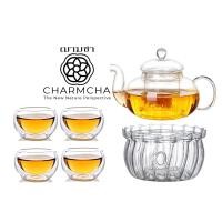 ราคา charmcha คัดทุกใบ!! กาน้ำชา400ml พร้อมส่ง แก้ว+ที่กรอง+เตาอุ่น+เทียน ถูกที่สุด!! ของขวัญ ชุดกาชา กาชงชา ฌามชา ชุดกา+แก้ว4+เตาลาย (12574182)