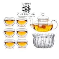 ราคา charmcha คัดทุกใบ!! กาน้ำชา400ml พร้อมส่ง แก้ว+ที่กรอง+เตาอุ่น+เทียน ถูกที่สุด!! ของขวัญ ชุดกาชา กาชงชา ฌามชา ชุดกา+แก้ว6+เตาลาย (12574185)