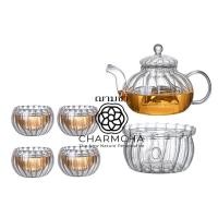 ราคา charmcha กาน้ำชาลายฟักทอง600ml+ทีกรองชา+แก้ว+เตา+เทียน+กา ถูกสุด! ชุด ของขวัญ กาชา ฌามชา ชุดกา+แก้ว4+เตาลาย (12571413)