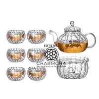 ราคา charmcha กาน้ำชาลายฟักทอง600ml+ทีกรองชา+แก้ว+เตา+เทียน+กา ถูกสุด! ชุด ของขวัญ กาชา ฌามชา ชุดกา+แก้ว6+เตาลาย (12571416)