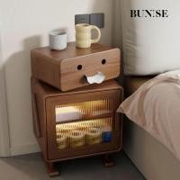 ราคา BUNISE โต๊ะข้างเตียงไม้เนื้อแข็ง H2091- ตู้เก็บของหมุนได้ 360° พร้อมชั้นปรับระดับได้ Walnut color (12711936)