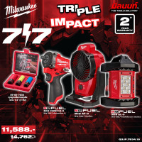ราคา Milwaukee - TRIPLE IMPACT บล็อกกระแทกไร้สาย 1/2" + ไฟส่องพื้นที่ 18 โวลท์ + พัดลมไร้สาย QT 3 (12749757)