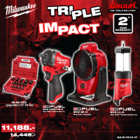 ราคา Milwaukee - TRIPLE IMPACTบล็อกกระแทกไร้สาย 1/2" + พัดลมไร้สาย + ไฟตะเกียงพร้อมที่ชาร์จ USB QT 3 (12749221)
