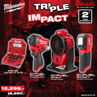 ราคา Milwaukee - TRIPLE IMPACTบล็อกกระแทกไร้สาย 1/2" + ไฟส่องเทียบสีไร้สาย 12 โวลต์ + พัดลมไร้สาย QT 3 (12749275)