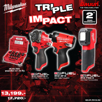 ราคา Milwaukee TRIPLE IMPACTบล็อกกระแทกไร้สาย 1/2" + ไขควงกระแทกไร้สาย 12 โวลต์ + ไฟส่องเทียบสีไร้สาย 12 โวลต์ QT 3 (12749910)