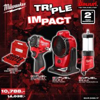 ราคา Milwaukee - TRIPLE IMPACTบล็อกกระแทกไร้สาย 1/2" + พัดลมไร้สาย + ไฟตะเกียง 12 โวลต์ QT 3 (12749554)