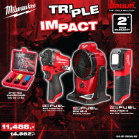 ราคา Milwaukee TRIPLE IMPACT บล็อกกระแทกไร้สาย 1/2" + ไฟส่องเทียบสีไร้สาย 12 โวลต์ + พัดลมไร้สาย QT 3 (12749840)