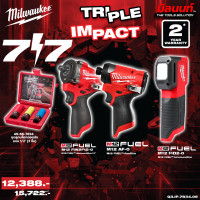 ราคา Milwaukee - TRIPLE IMPACT บล็อกกระแทกไร้สาย 1/2" + ไขควงกระแทกไร้สาย 12 โวลต์ + ไฟส่องเทียบสีไร้สาย 12 โวลต์ QT 3 (12749885)
