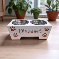 ราคา ที่ใส่อาหารน้องหมา น้องแมว สั่งทำพิเศษ ใส่ชื่อสัตว์เลี้ยงได้ พร้อมถ้วยสแตนเลส Size S 33x16x12 (12792776)