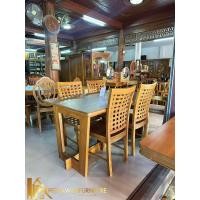 ราคา PF_Phrae | ชุดโต๊ะไม้สัก ชุดรับประทานอาหาร4ที่นั่ง โต๊ะขาสี่เหลี่ยมคางหมู พร้อมเก้าอี้หลังตาข่าย4ตัว (12822105)