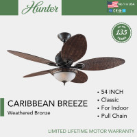 ราคา Hunter Fan พัดลมเพดาน รุ่น Caribbean Breeze - Weathered Bronze Wicker Blade 54" Traditional Classic รุ่น Carribbean Breeze - Weathered Bronze (10362057)