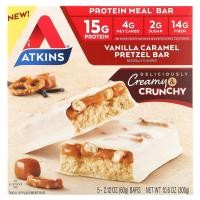 ราคา Atkins, Protein Meal Replacement, Vanilla Caramel Pretzel, 5 Bars, 2.12 oz (60 g) (ATK-00063)