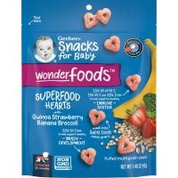 ราคา Gerber, Snacks for Baby, Wonder Foods, Puffed Multigrain Snack, Superfood Hearts, 10+ Months, Quinoa, Strawberry, Banana, Broccoli, 1.48 oz (42 g) (GBR-04584)