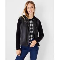 ราคา Ann Taylor Petite Faux Leather Moto Sweater Jacket - Black (4215633905860)