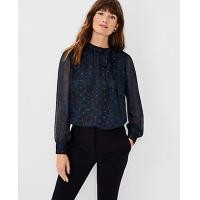 ราคา Ann Taylor Petite Floral Shimmer Clip Bow Blouse - Midnight Spruce (4215634185773)
